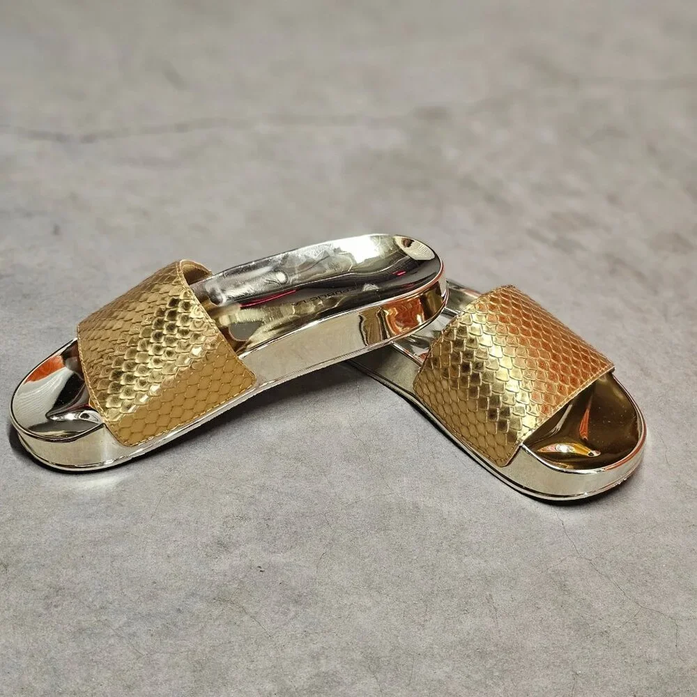 Metallic Gold Snake Pattern Slide Sandals With Reflective Sole - Stylish & Comfo